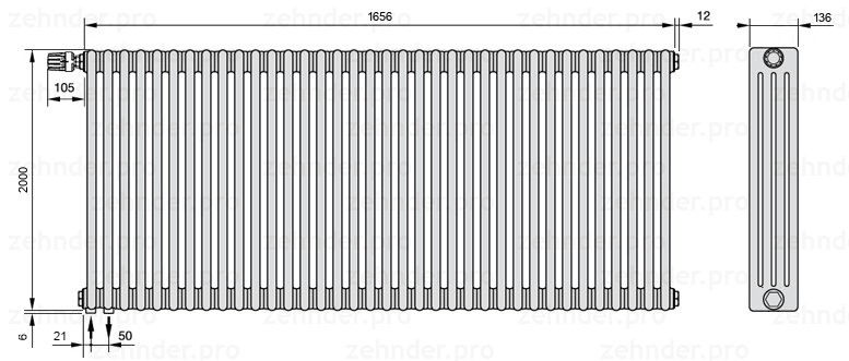Схема (чертеж) Радиатор Zehnder Charleston 4200/36 №V001 Белый глянцевый RAL 9016